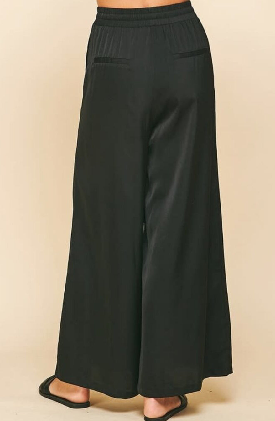 Pinch Satin Wide Leg Pants - Black