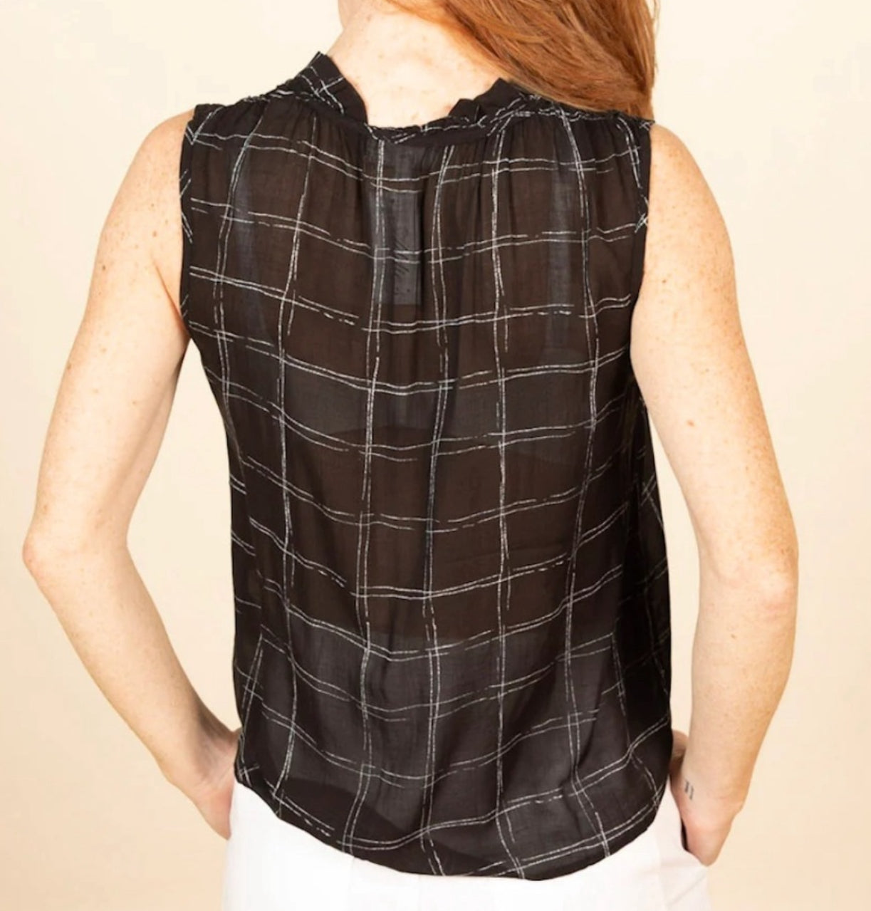 Bella Dahl Ruffle Neck Tank - Striped Plaid