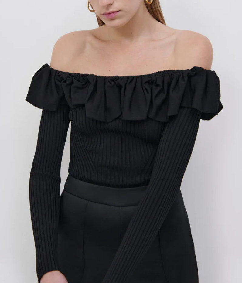 SIMKHAI Isabelle Ruched Knitwear Off Shoulder Top - Black