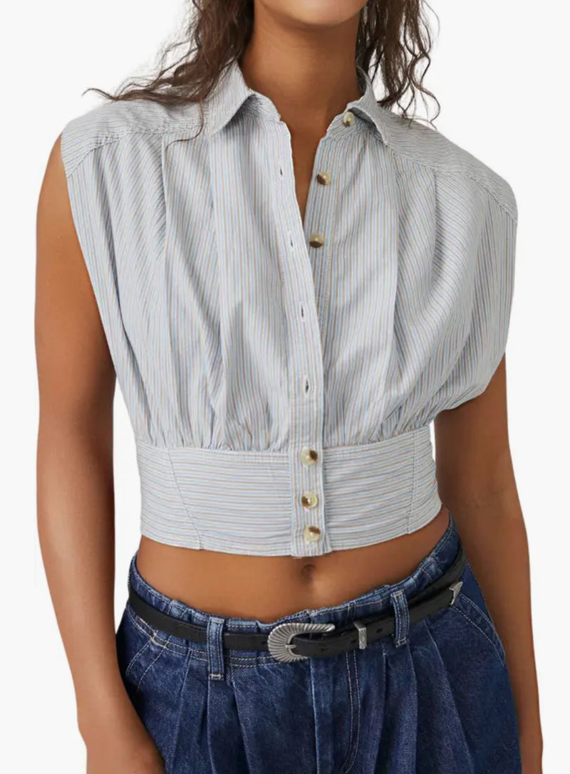 Free People Cassie Stripe Sleeveless Crop Shirt - Ivory Combo