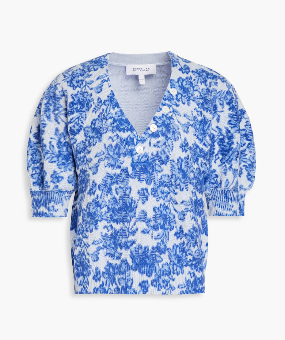 Derek Lam 10 Crosby Ray Floral Print Cotton Blend Puff Sleeve Henley