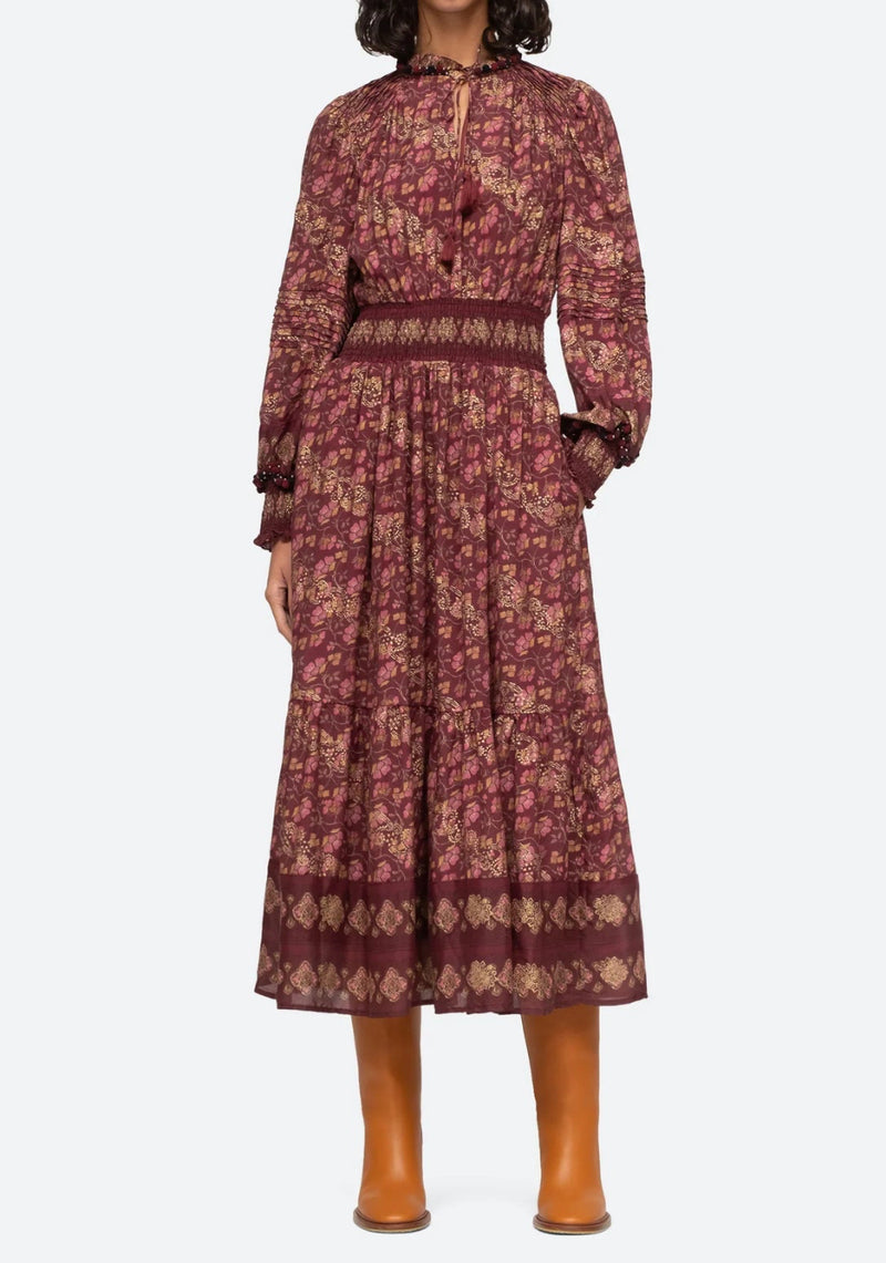 Sea New York Giulia Print Long Sleeve Maxi Dress - Maroon