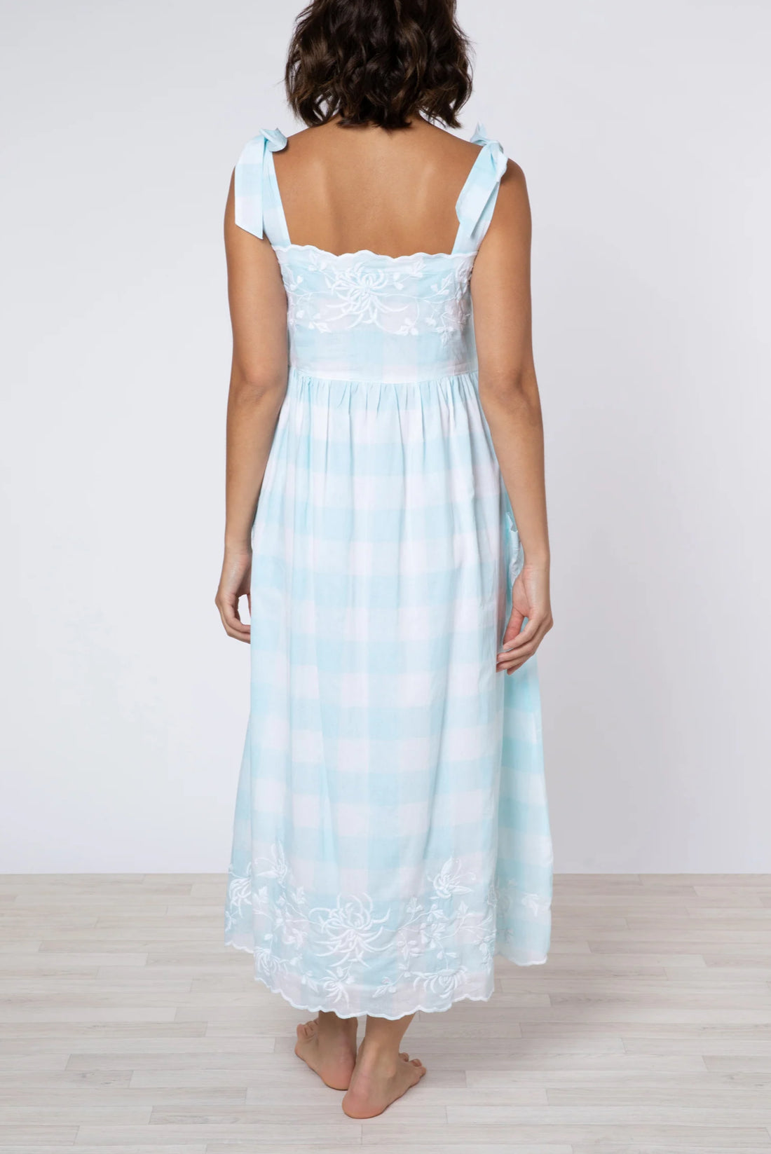 Juliet Dunn Blue Gingham Tie Shoulder Dress with Embroidery