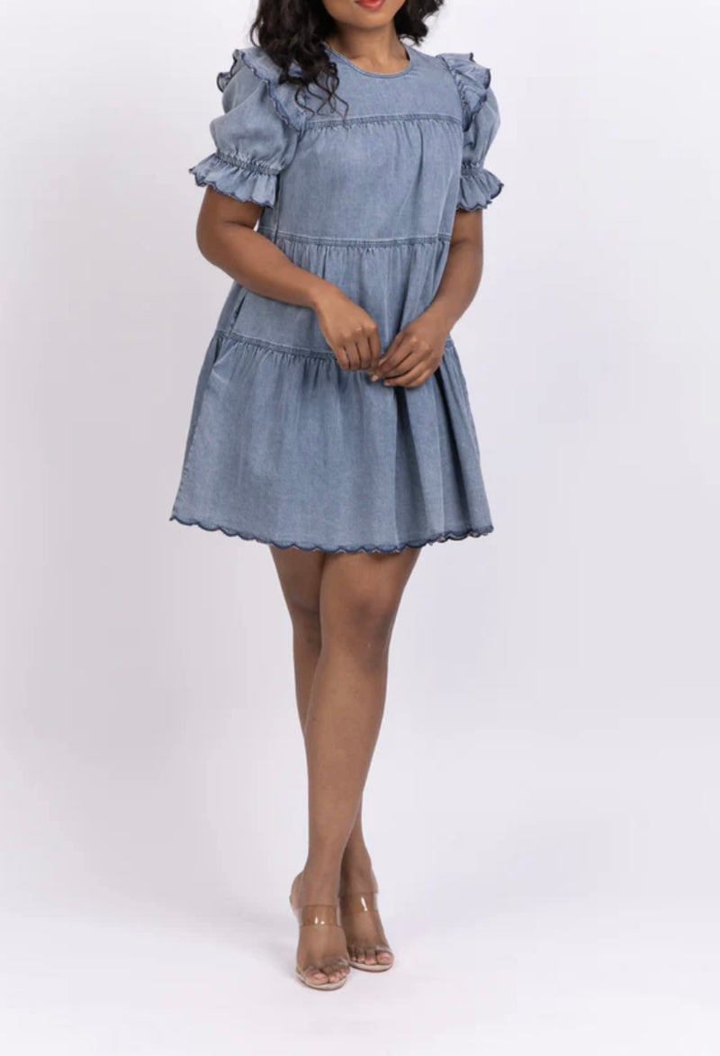 Stellah Washed Denim Puff-Sleeve Tiered Mini Dress - Denim