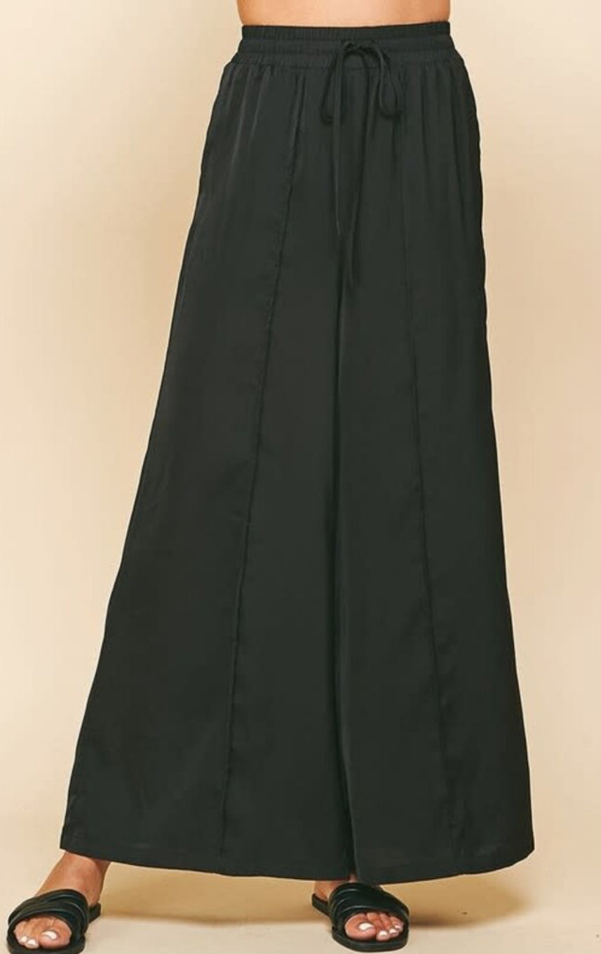 Pinch Satin Wide Leg Pants - Black