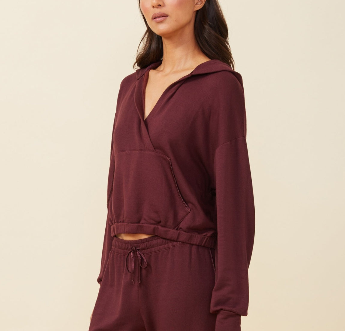 Monrow Supersoft Fleece V Hoody With Silky Piping - Merlot