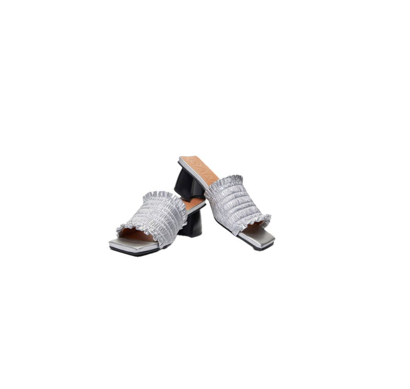 GANNI Smocked Kitten Heels - Silver