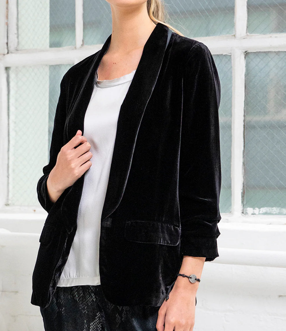 go BY GOSILK Velvet Scrunch Sleeve Jacket - Washed Black