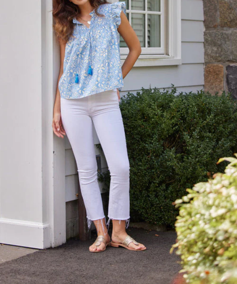 Sail to Sable Flutter Sleeve Tassel Top - Periwinkle Floral