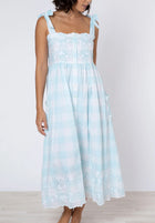 Juliet Dunn Blue Gingham Tie Shoulder Dress with Embroidery