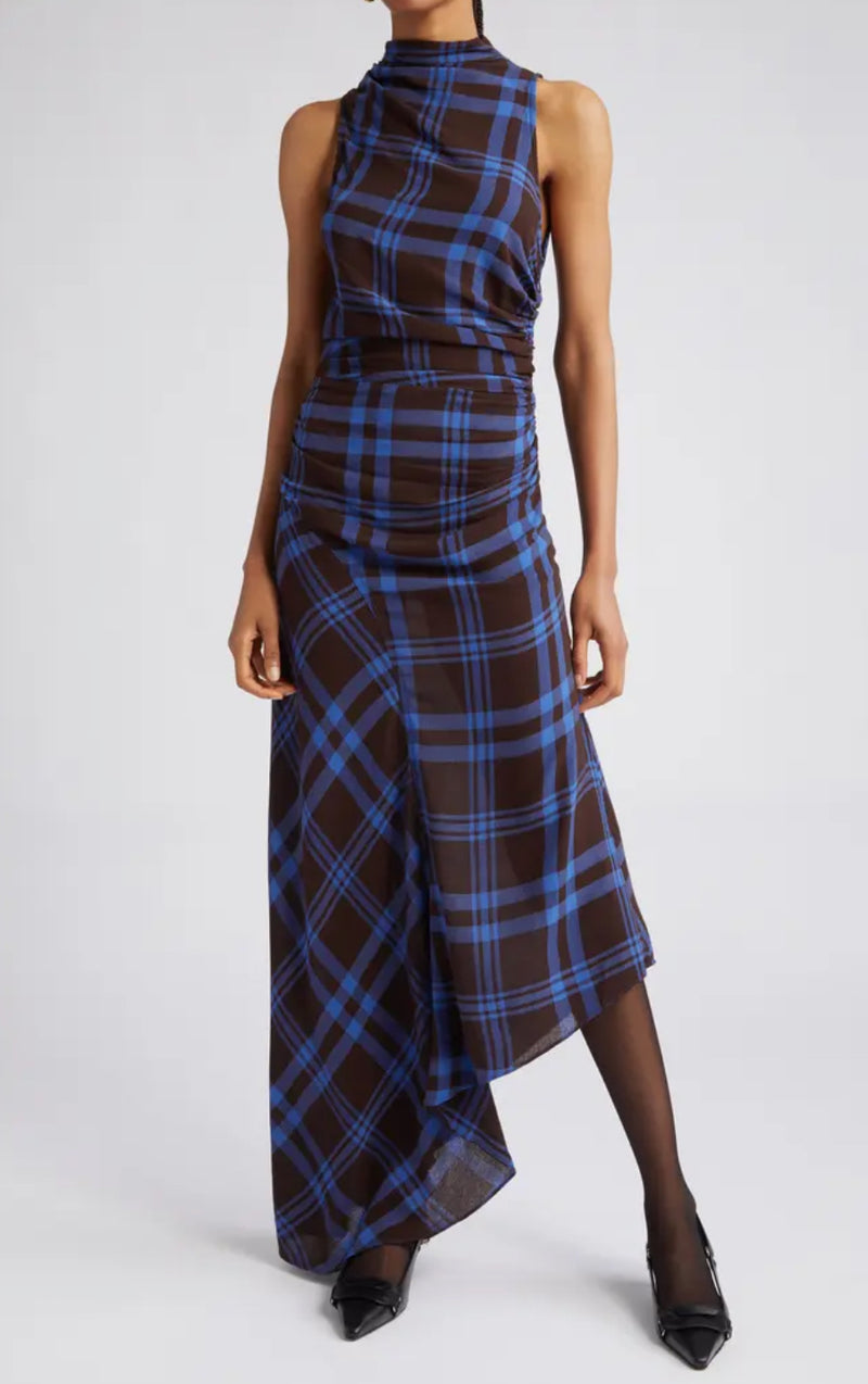 A.L.C. Iggy Plaid Draped High-Neck Maxi Dress