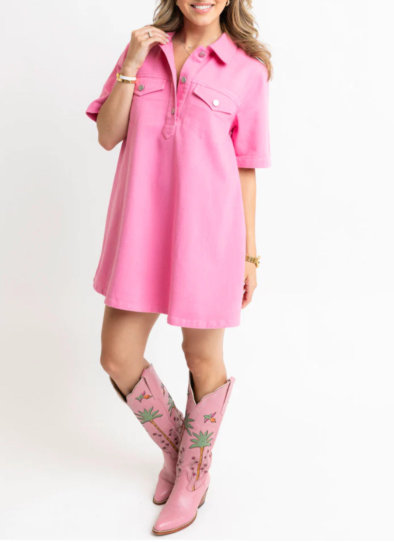 Karlie Clothes Denim Pocket Swing Shirt Dress - Pink