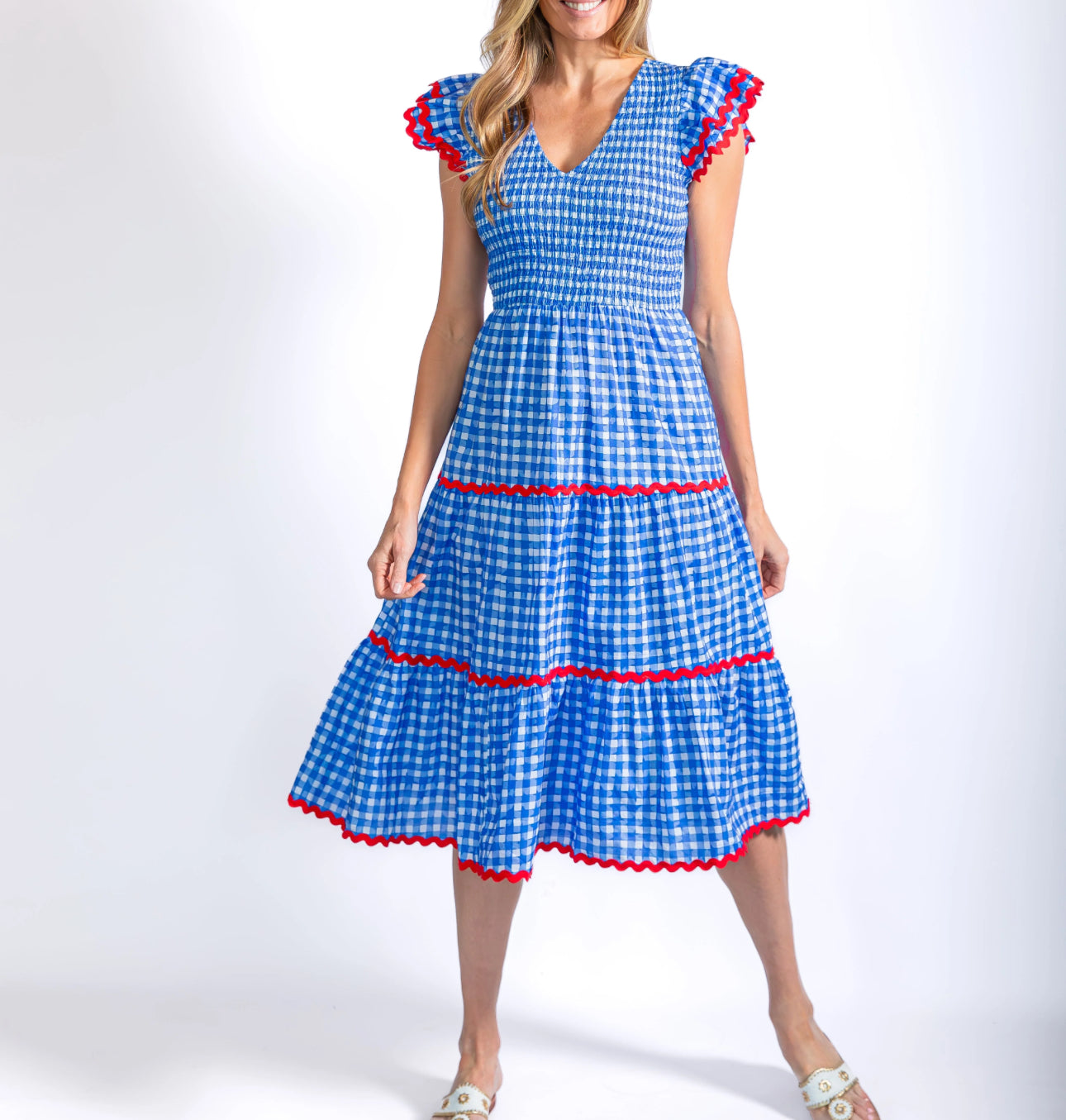 Sail To Sable Coastal Blue Gingham Smocked V-Neck Midi Dress with Ric-Rac