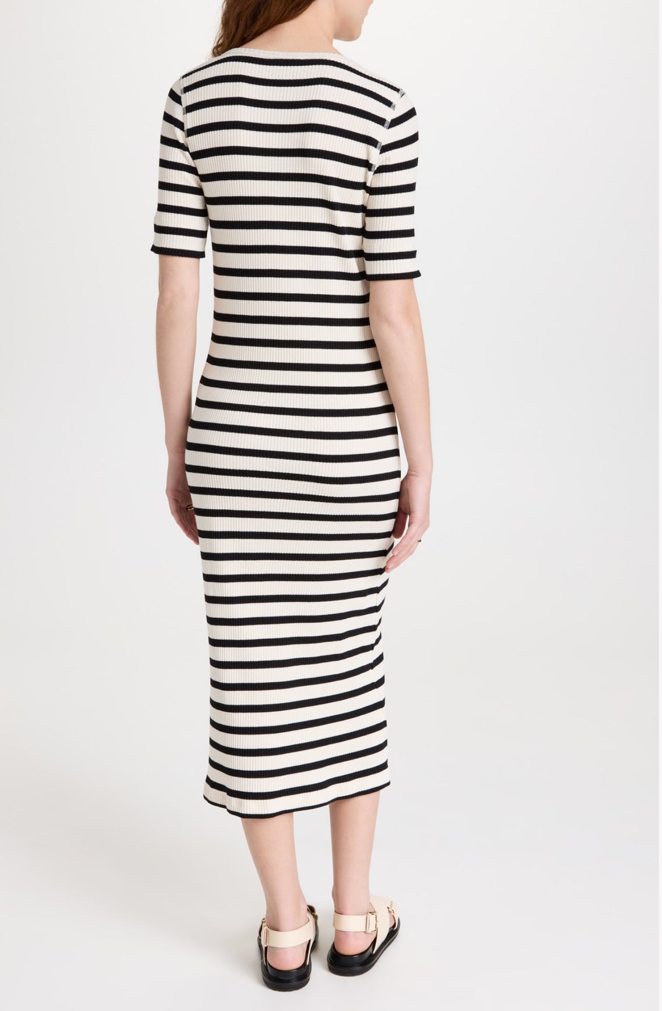 GANNI Striped Rib Knit Midi Dress - Black/White