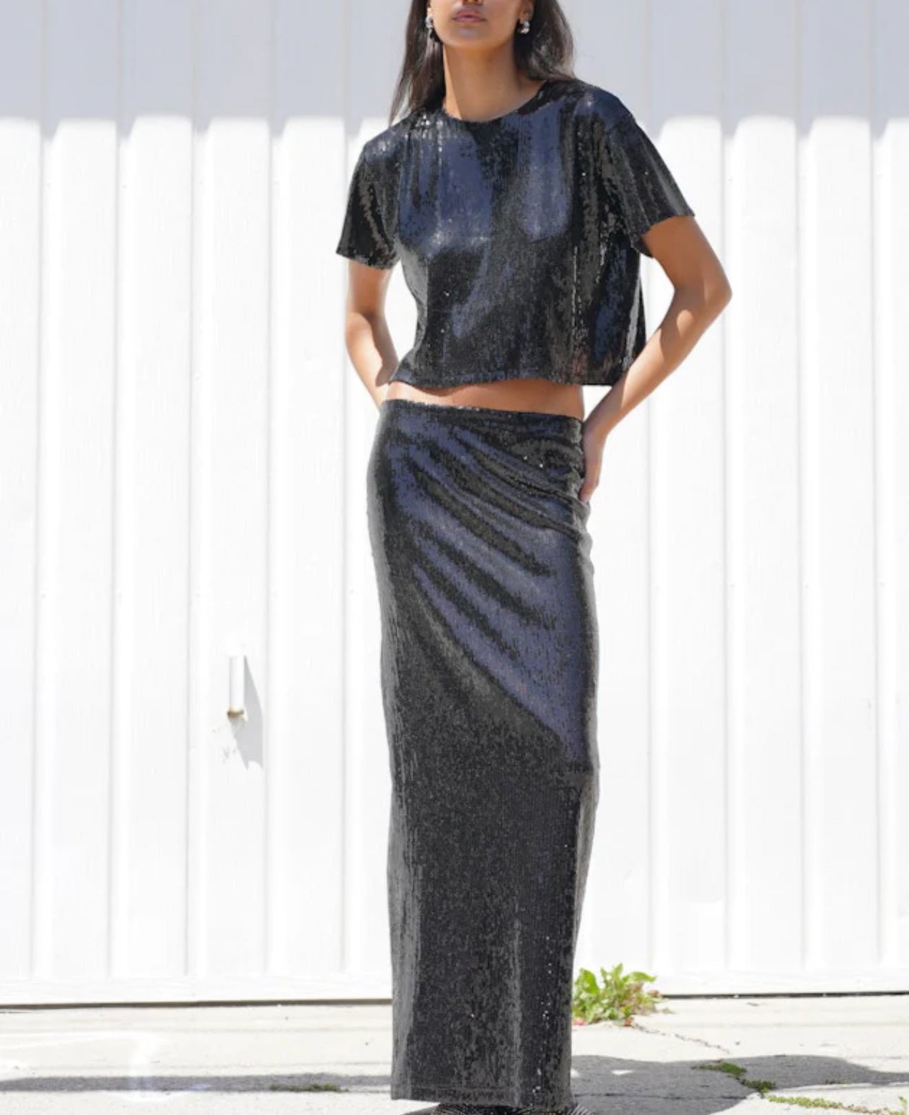 LNA Elettra Sequin Column Skirt - Black