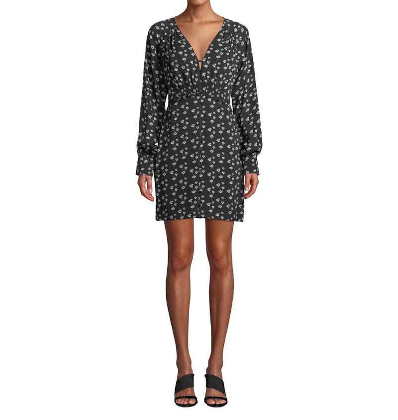 Tanya Taylor Kris Poppy Print Silk Long Sleeve Short Dress - Black