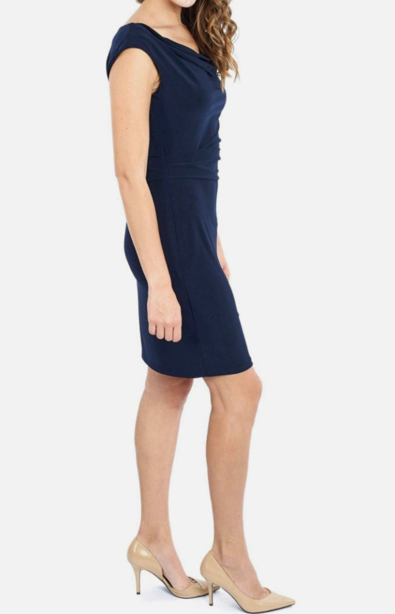 Joseph Ribkoff Ruched Cowl Neck Cap Sleeve Dress- Midnight Blue