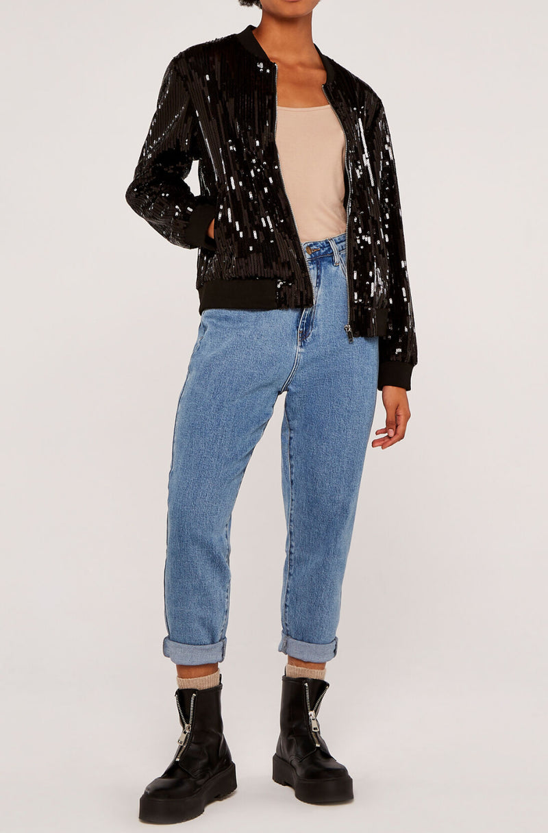 APRICOT Sequin Bomber Jacket - Black