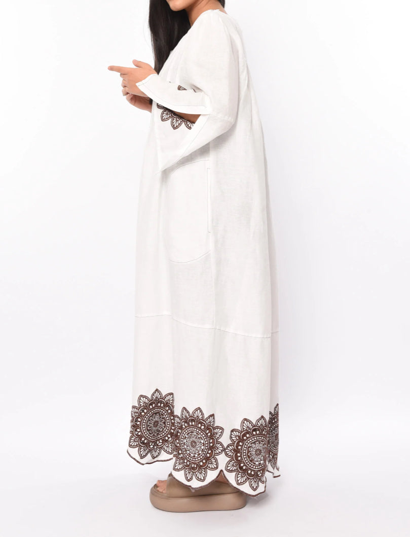 Greek Archaic Kori Embroidered Linen Dress - White