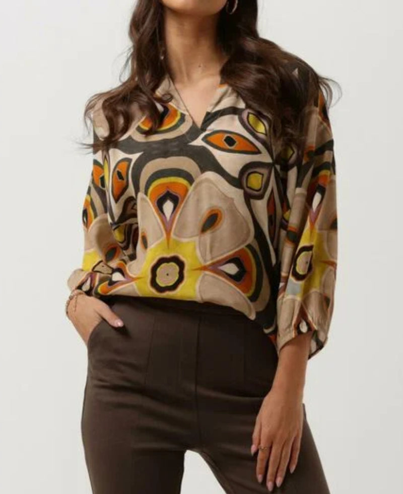 Summum Bold Flower Blouse Top V Neck - Multicolor