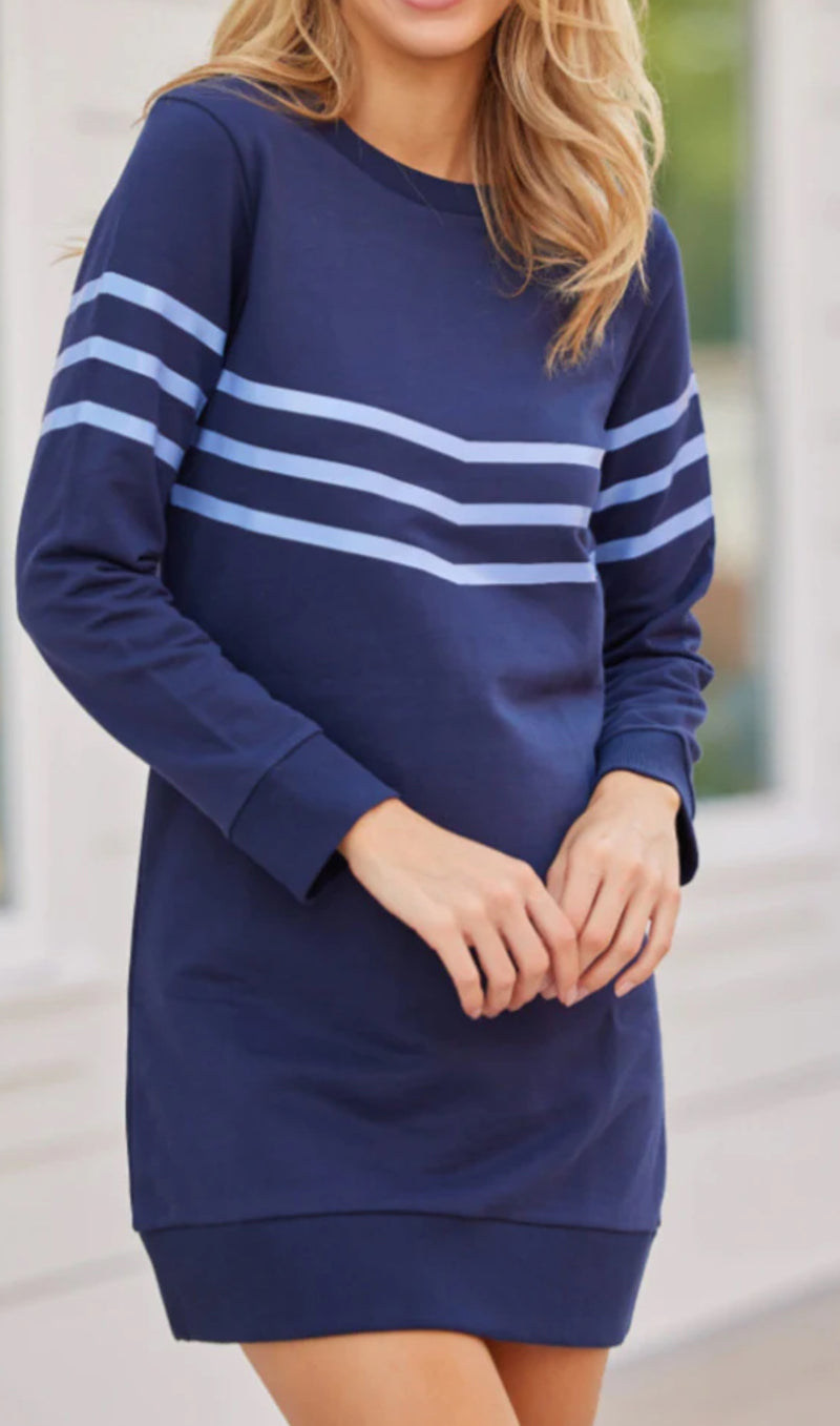 Sail to Sable Striped Sweatshirt Dress - Hydrangea/Navy