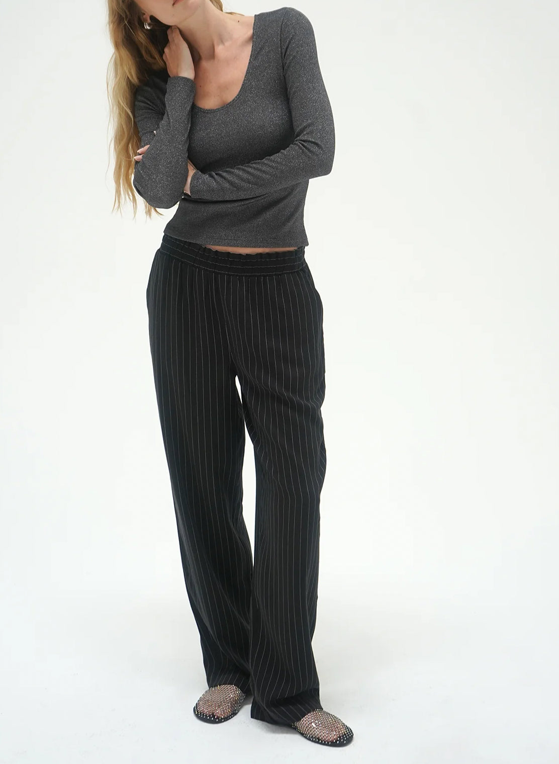 LNA Jacinda Lurex Rib Long Sleeve Top - Black