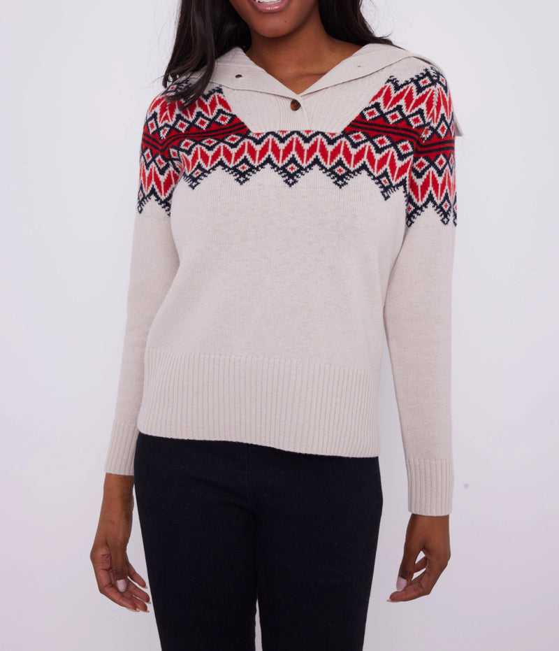 Sail To Sable Camel Fair Isle Button Front Sweater