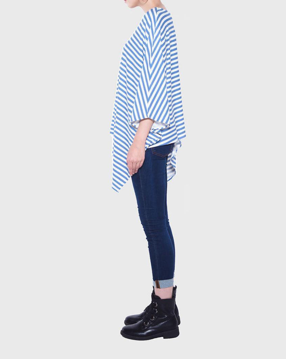 Yana K Poncho Double Edge Stripe V-Neck Top - Denim