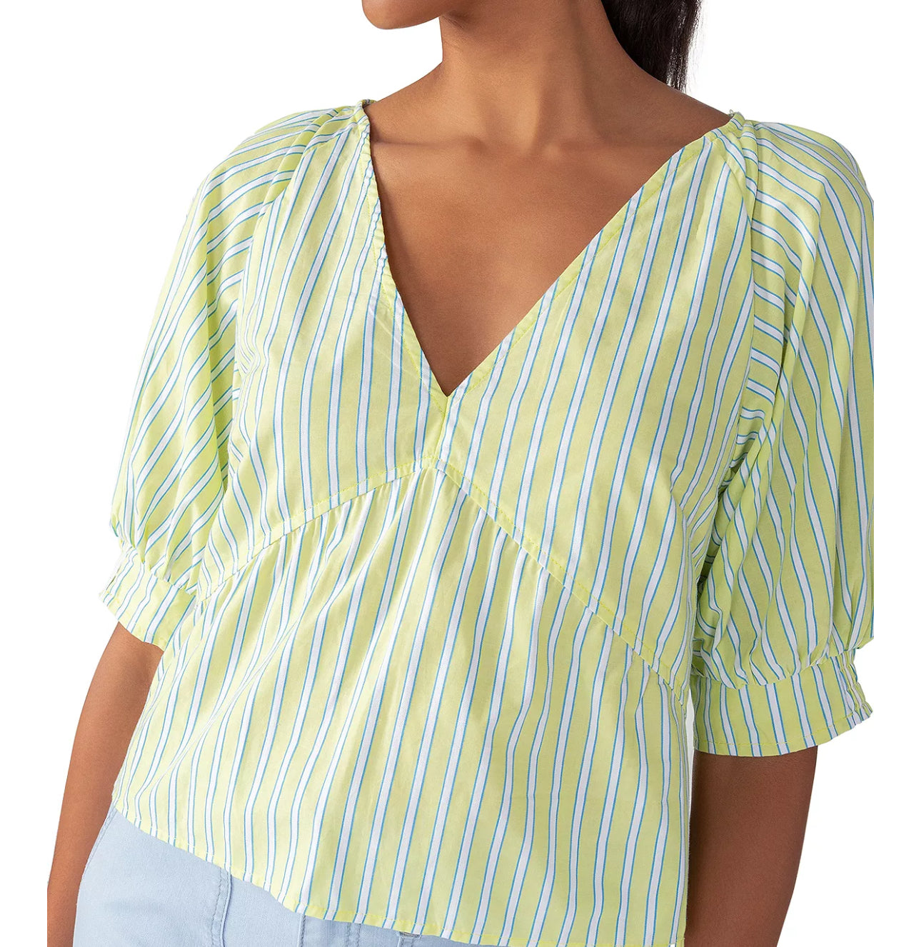 Sanctuary V-Neck Poplin Top - Green Energy /White Stripe