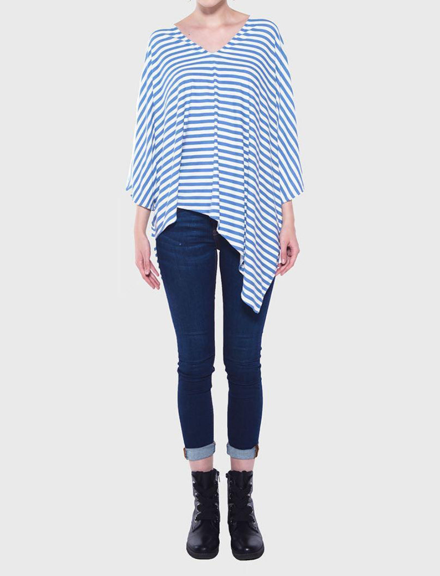 Yana K Poncho Double Edge Stripe V-Neck Top - Denim