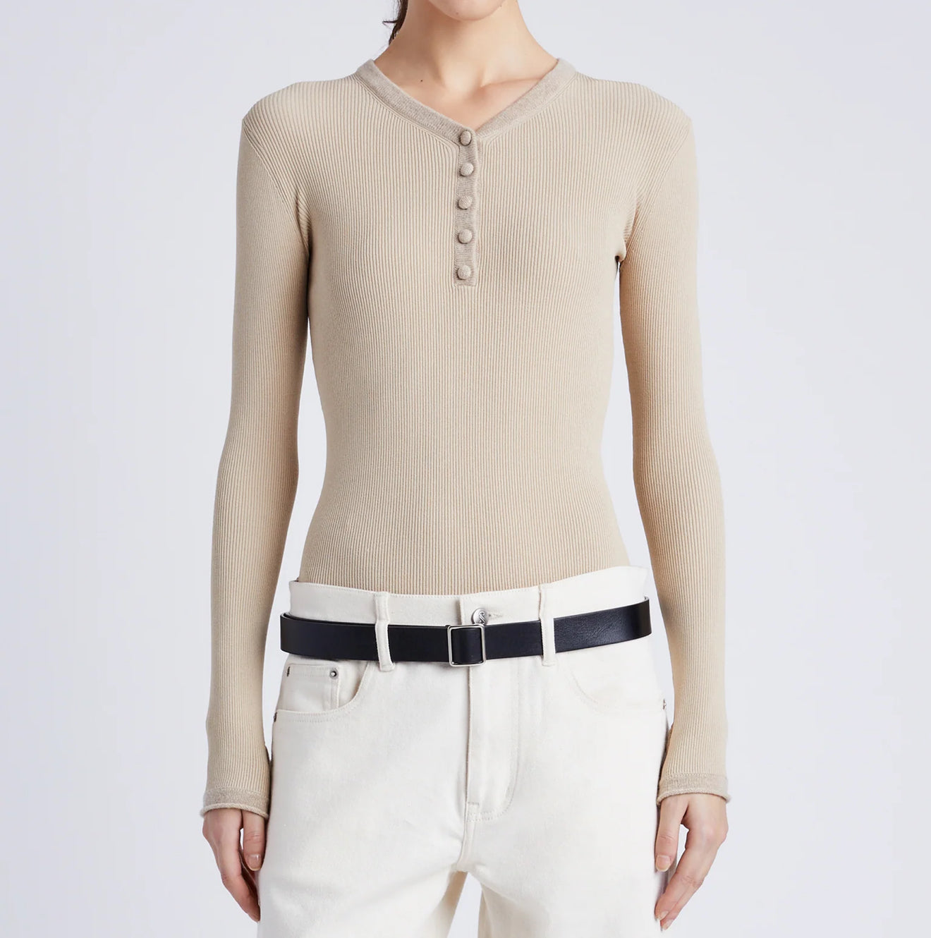 Proenza Schouler White Label Isla Knit Henley in Viscose Rib - Khaki