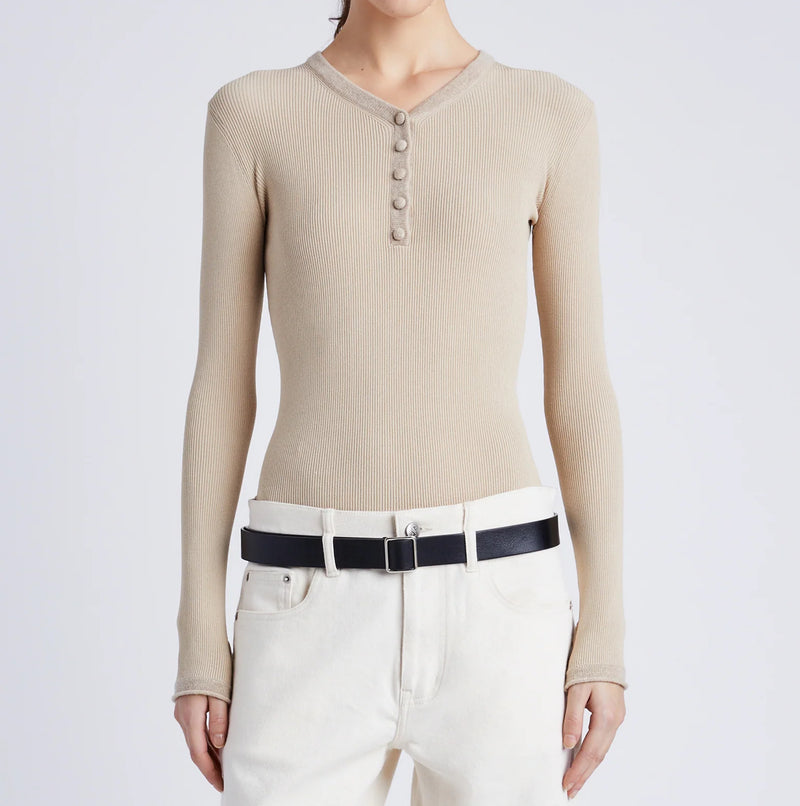 Proenza Schouler White Label Isla Knit Henley in Viscose Rib - Khaki
