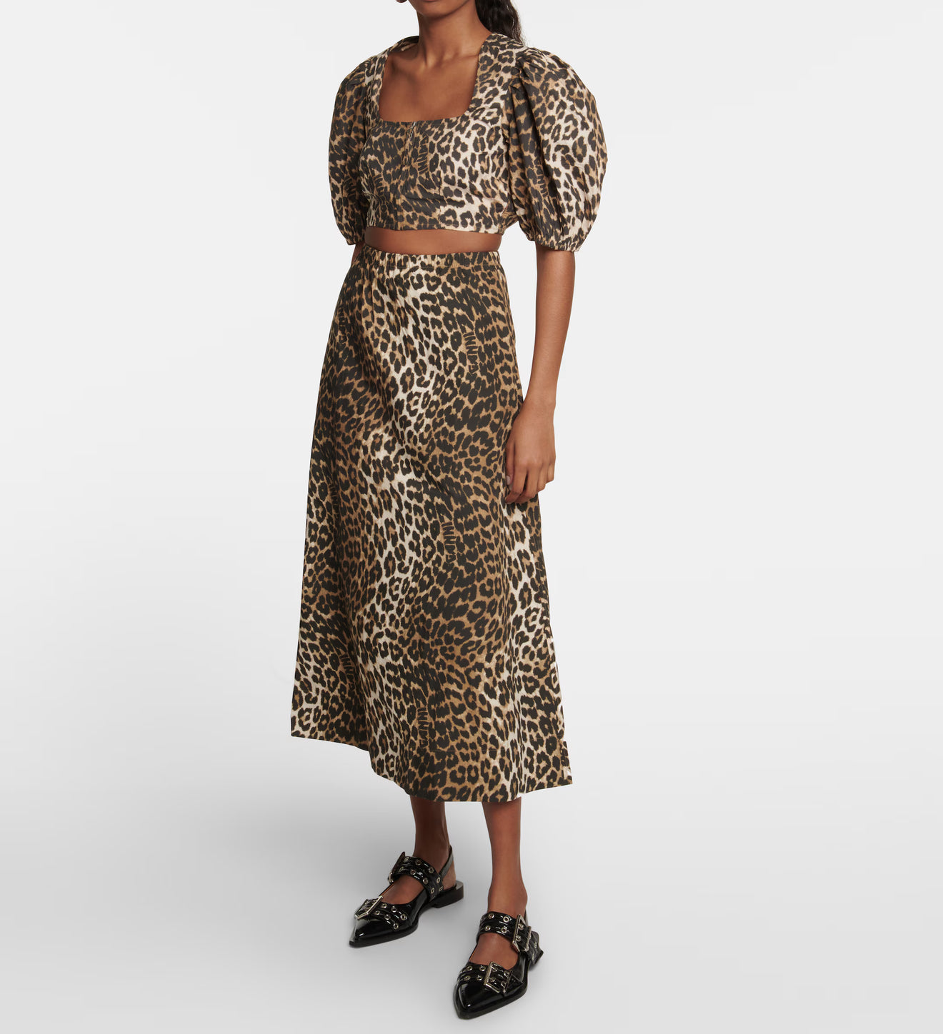 GANNI Printed Cotton Zipper Blouse - Big Leopard Almond Milk