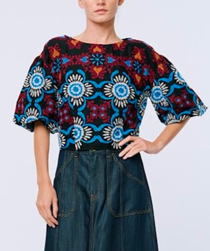 Ciebon Willa Embroidered Puff Sleeve Top - Black Multi