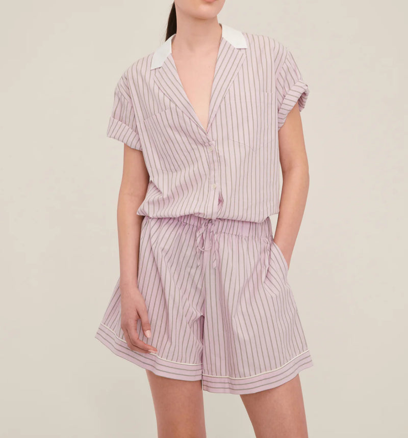 Marissa Webb Margo Notch Collar Camp Shirt - Carnation Edie Stripe White Combo