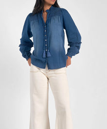 Elan Ruched Denim Tassel Top