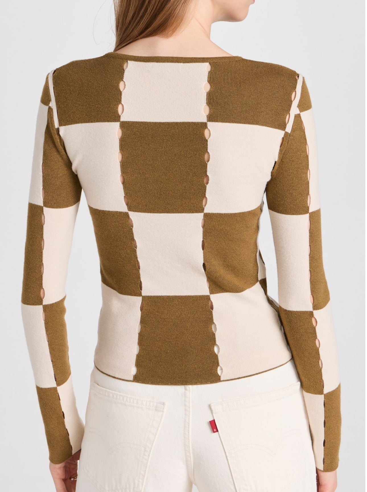 Moon River Checkerboard Sweater Top - Olive