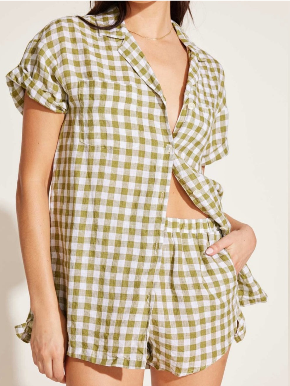 Vitamin A Tallows Linen Short - Avocado Gingham