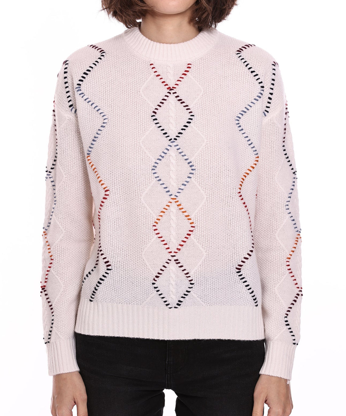 Minnie Rose Cable Corded Fringe Pullover - White Combo