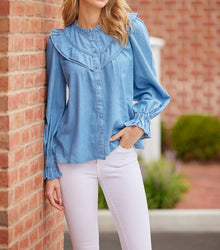 Sail to Sable  Long Sleeve Ruffle Bib Blouse - Light Chambray