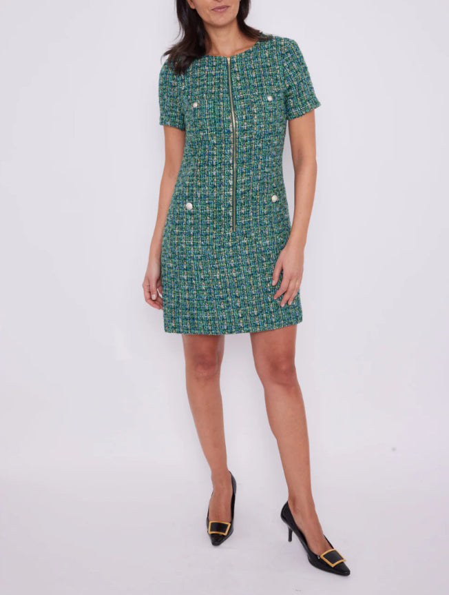 Sail to Sable Green Multi Tweed Zip Front Dress