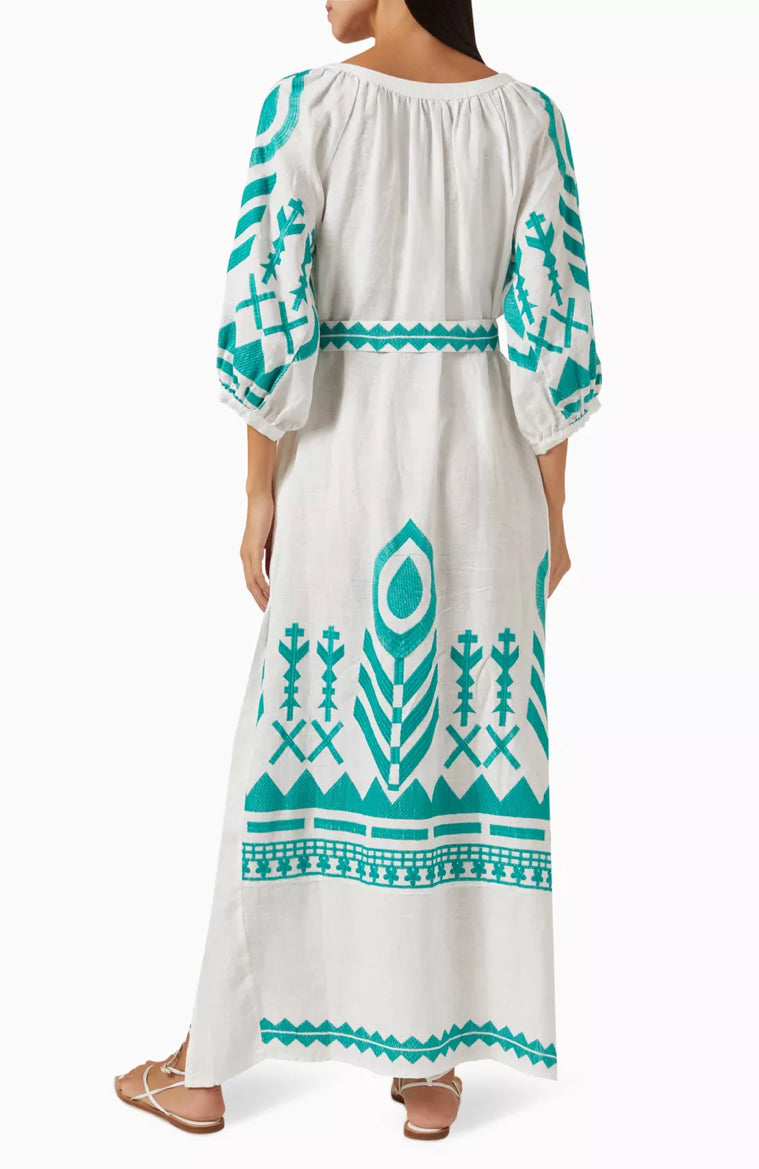 Greek Archaic Kori Feather Belted Maxi Dress - White/Emerald