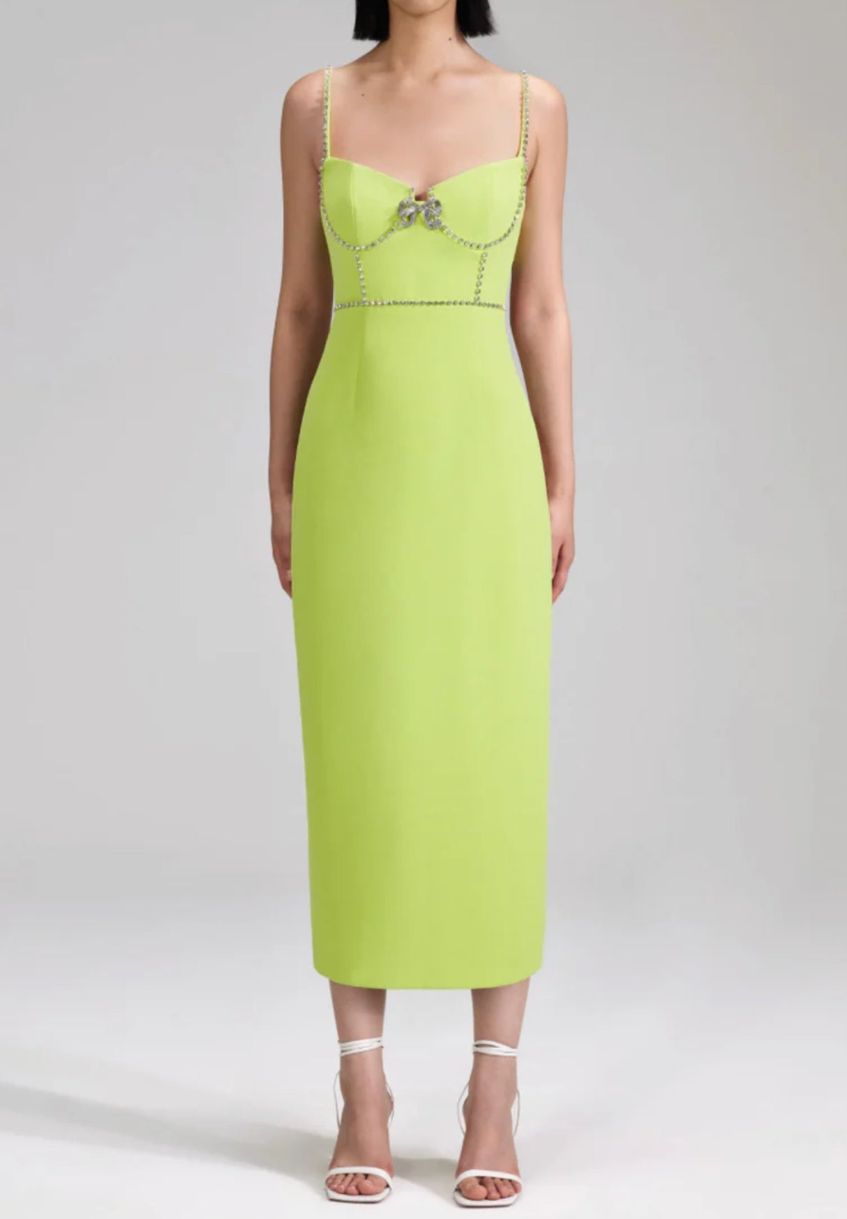 Self-Portrait Crepe Bow Midi Dress - Lime