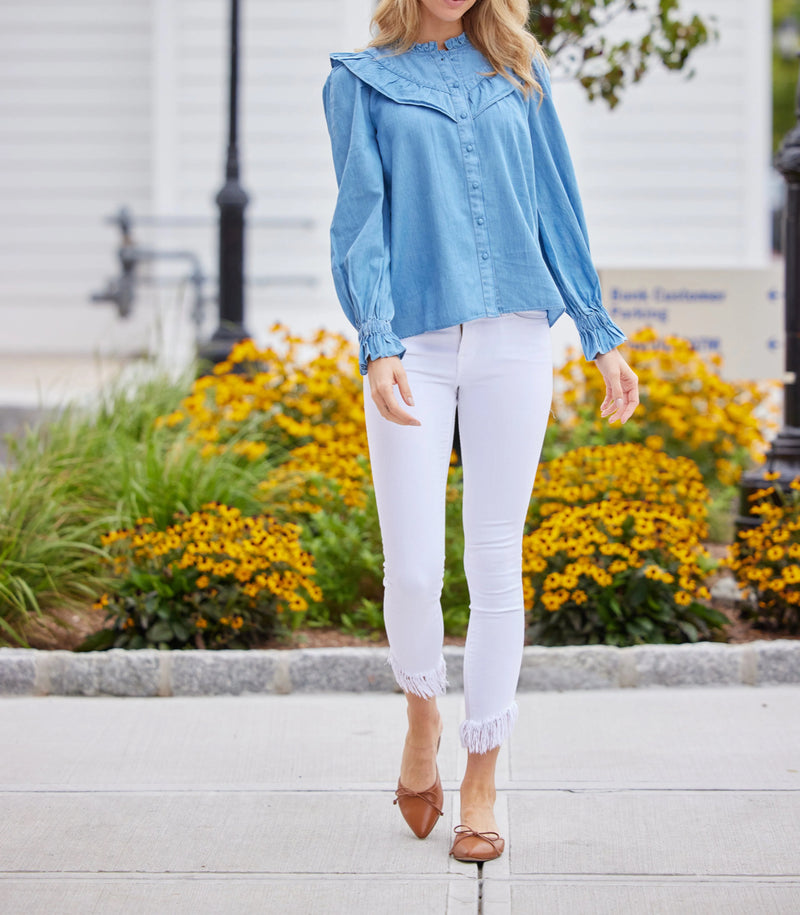 Sail to Sable  Long Sleeve Ruffle Bib Blouse - Light Chambray