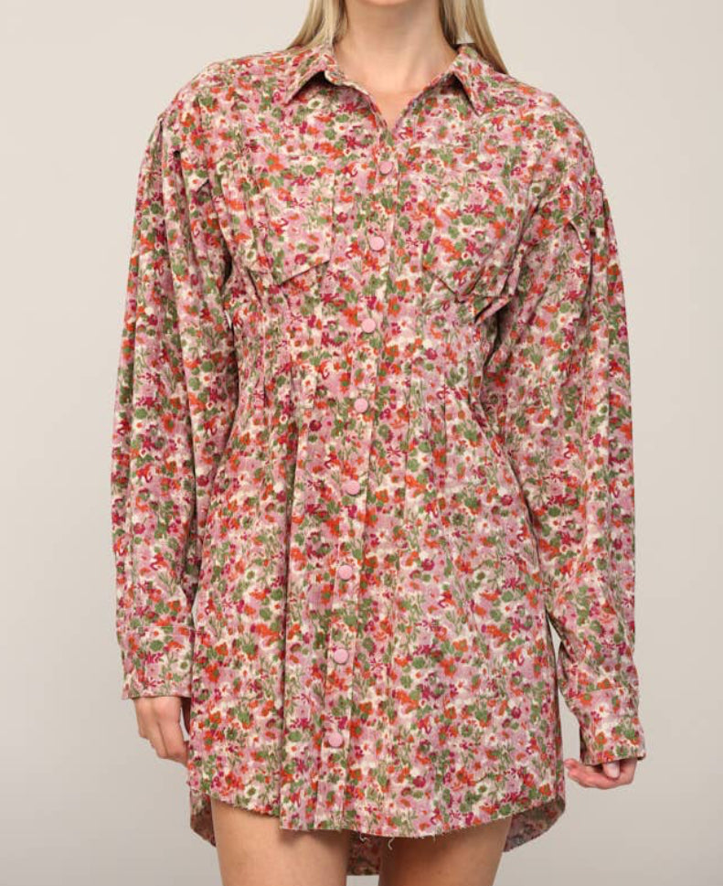 Fate Floral Print Corduroy Tucked Waist Shirt Dress