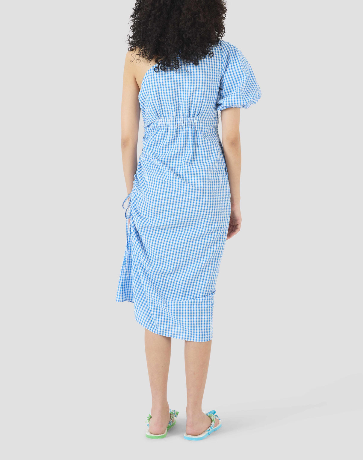Rosie Assoulin One Shoulder Puff Sleeve Dress - Blue Seersucker Gingham