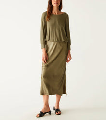 Michael Stars Nadia Mixed Fabric Satin Dress - Olive