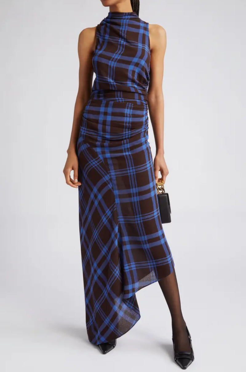 A.L.C. Iggy Plaid Draped High-Neck Maxi Dress