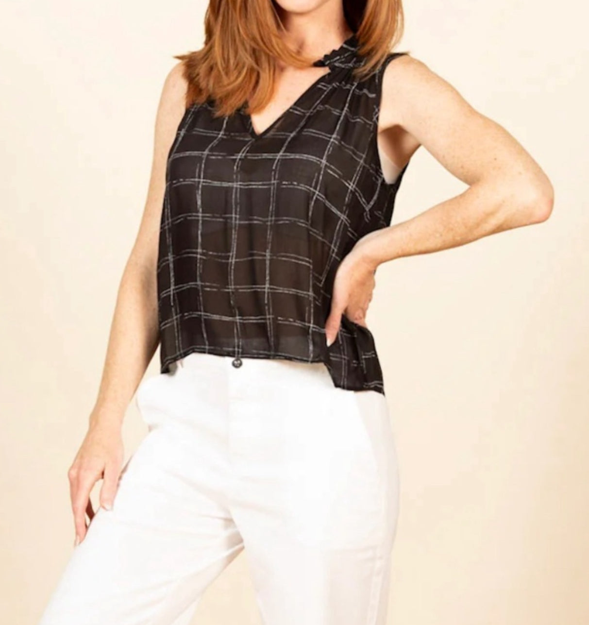 Bella Dahl Ruffle Neck Tank - Striped Plaid