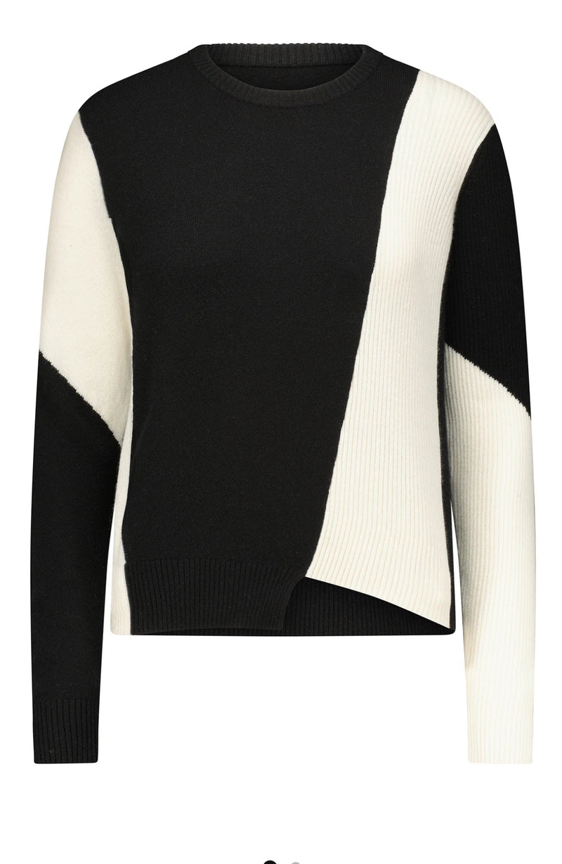 Minnie Rose Cashmere Color Blocked Asymmetrical Crew - Black/White